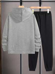 Cottnline 2pcs Men Slogan Print Long Sleeve Drawstring Hoodie And Pants Casual Tracksuit Set - Grey - View 2
