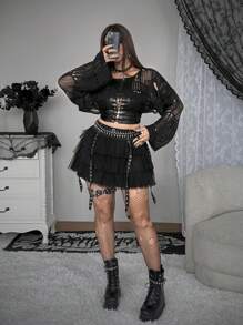 SHEIN CURVE+ 大码女式圆领落肩长袖镂空性感针织套头衫，秋冬款 - 黑色 - 查看 5