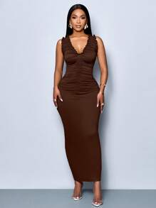 SOLERSUN 女式春夏纯色度假海滩优雅简约日常穿着褶皱紧身连衣裙无袖开衩下摆 - 棕色 - 查看 3