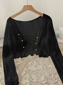 INAWLY 女式纯色长袖仿珍珠装饰轻便开衫 - 黑色 - 查看 3