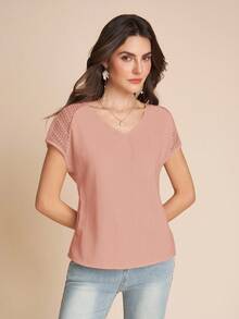 Amorya Reference White Lace Crochet Textured Button Back V-Neck Blouse