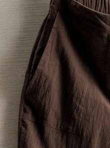 SHEIN LUNE 女士夏季休闲纯色亚麻短裤 - 咖啡棕 - 查看 6