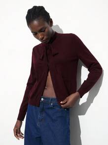 Maija Suéter de cárdigan de manga larga con cuello de corbata y lazo, unicolor elegante y casual, color rojo vino, adecuado para el Día de San Valentín, fiestas y festivales - Morado - Ver 4