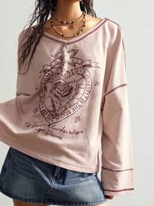 Bohemela 波西米亚美式休闲心形印花针织V领长袖宽松水洗女式卫衣图案T恤女式oversize女式卫衣Free People印花卫衣玫瑰印花T恤秋冬款 - 杏色 - 查看 7