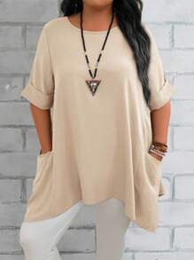 EMERY ROSE Casual Woven Fabric Round Neck Tunic Blouse For Women In Camel Tone - Camel - View 3