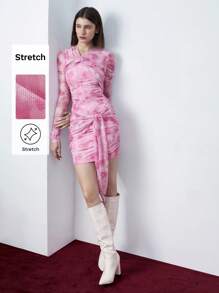 Maija Váy bó sát cơ thể xếp nếp in họa tiết hoa nhuộm loang mùa xuân cho nữ, màu hồng, thường ngày, thích hợp cho lễ hội ngày lễ tình nhân - Hồng - Xem 1