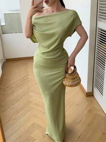 Modelyn 2 Stück/Set grüne gestrickte geraffte asymmetrische Schulter Bluse und figurbetonte Mini-Röcke