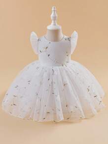 Glamorique Kids 女孩/婴儿公主裙、花童生日派对婚礼场合礼服、3D 刺绣薄纱网、白色薄纱、泡泡袖、针织面料、四季皆宜 - 白色 - 查看 4