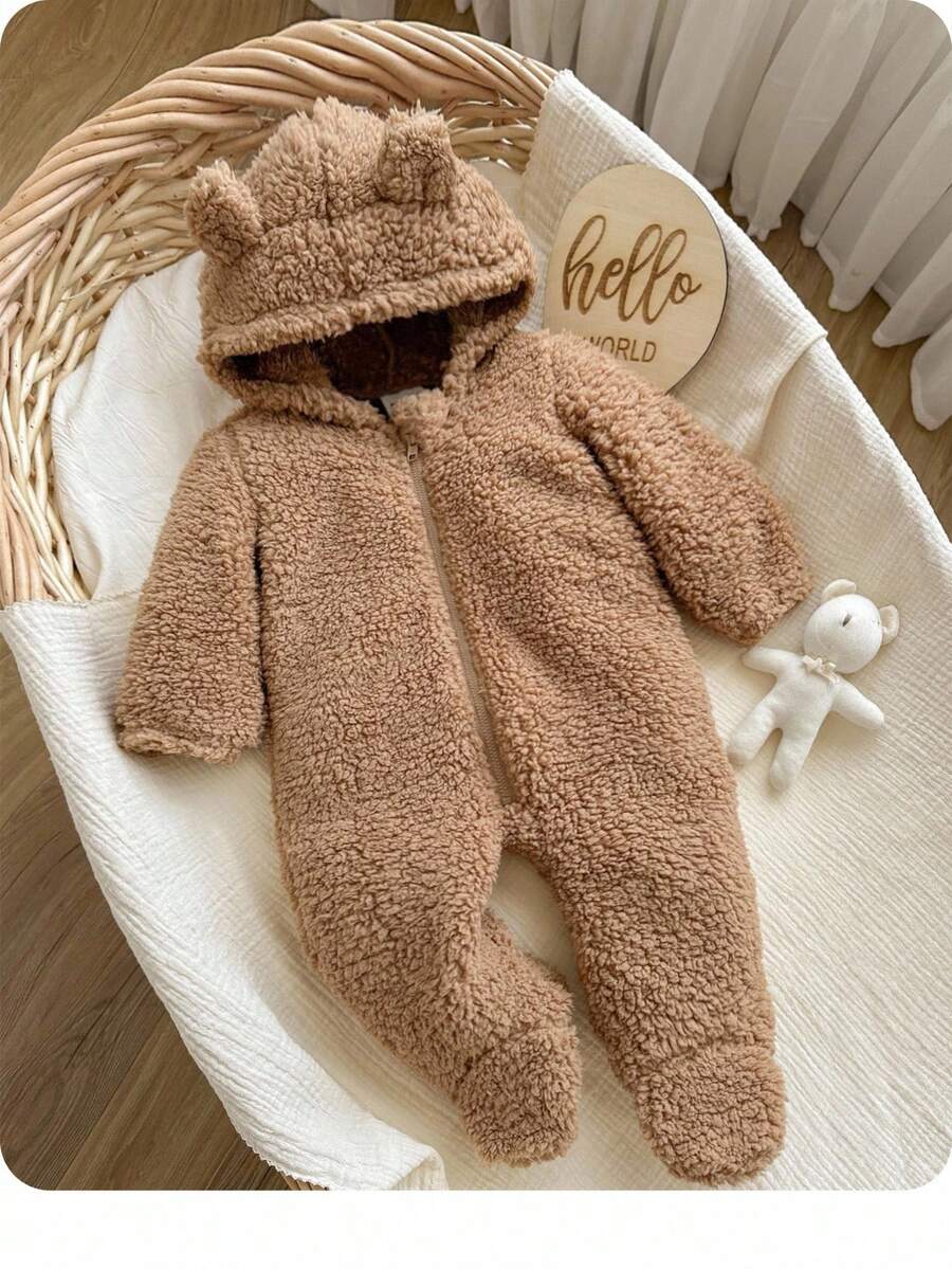 Newborn Baby Girls' Fluffy Solid Color Hooded Romper, Autumn/Winter Fall