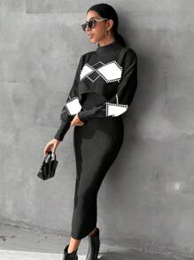 EURMUSE 2pcs/set Plaid Sweater And Solid Color Dress Outfit - Black - View 5