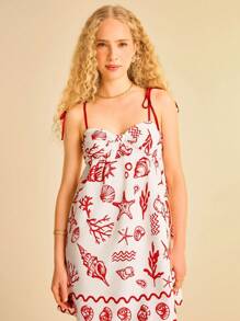 CAJUNI فستان قصير مع حمالات رفيعة واربطة، مطبوع بعناصر استوائية ساحلية مثل الصدف، فستان صيفي عادي للعطلة