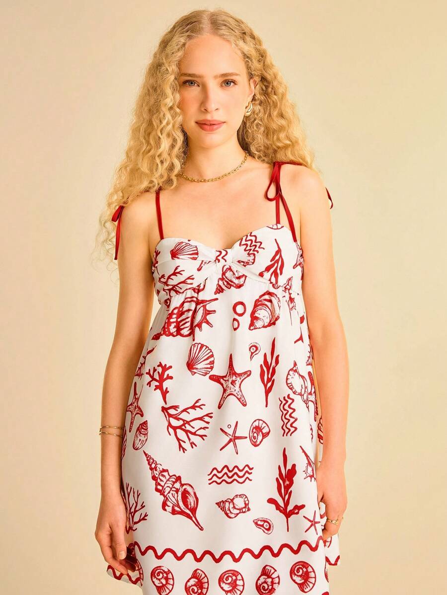 CAJUNI فستان قصير مع حمالات رفيعة واربطة، مطبوع بعناصر استوائية ساحلية مثل الصدف، فستان صيفي عادي للعطلة