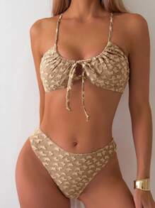 SHEIN Swim Women's Solid Color Back Cross Separated Bikini Set Summer Beach - Khaki - View 7