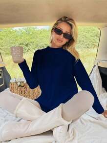 EURMUSE Women Solid Color Mock Neck Raglan Sleeve Sweater - Navy Blue - View 2