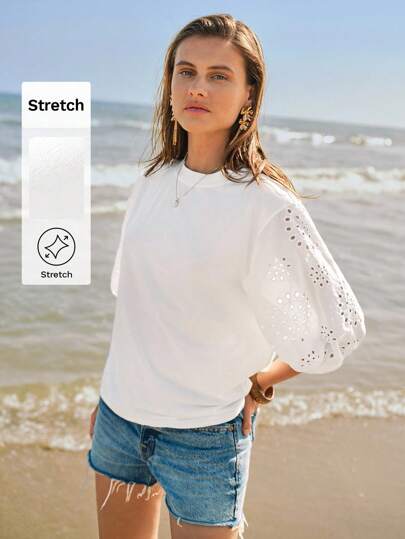 Maija White Woven Embroidered Princess Sleeve Splice Summer Casual & Comfortable Beach Holiday T-Shirt For Women,Vacay,Fall Country Going Out Party Beach White Top Beach