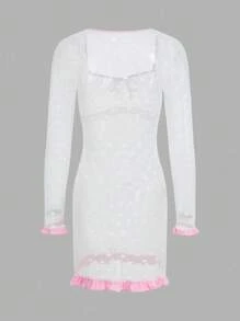 女士纯蕾丝心形图案荷叶边方领长袖短款睡袍 - 白色 - 查看 2