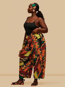 SHEIN VCAY 大码女式复古拼色印花不对称下摆阔腿裤，带口袋，休闲，秋季 - 彩色 - 查看 5