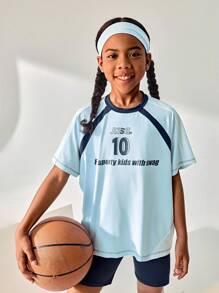 JNSQ Camiseta de manga corta para deportes al aire libre para volver a la escuela, camiseta gráfica de cuello redondo con bloqueo de color y estampado divertido para niños para deportes al aire libre