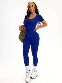 Easithlete 女士纯色圆领短袖休闲无缝连体裤 - 藏蓝色 - 查看 4