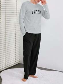 EURMUSE 100%Cotton Men Letter Graphic Tee & Pants PJ Set - Navy Blue - View 5