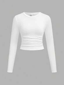 Girlism 舒适圆领长袖衬衫，适合青少年女孩，不对称下摆，简约设计，3 件装，紧身衣，修身款，长袖露脐上衣，长袖上衣，秋冬季款 - 彩色 - 查看 5