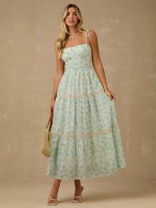 Enchnt Vestido de tirantes con volantes y estampado floral diminuto para mujer, conjunto elegante de vacaciones