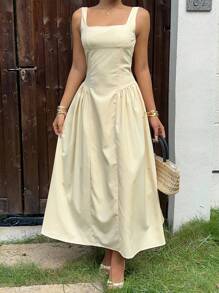 SHEIN EZwear 女式纯色方领褶饰休闲无袖连衣裙 - 黃色 - 查看 3