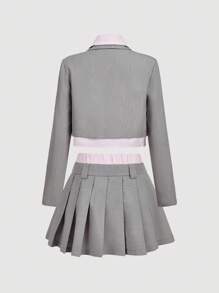 SHEIN MOD 女士灰色二合一百褶裙和短款西装外套套装，秋冬返校装 - 淺灰色 - 查看 3