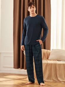 男士抽绳圆领长袖休闲上衣和裤子家居服套装 - 藏蓝色 - 查看 5