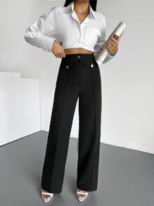 EURMUSE Damskie spodnie casualowe z prostymi nogawkami i metalowymi guzikami w jednolitym kolorze