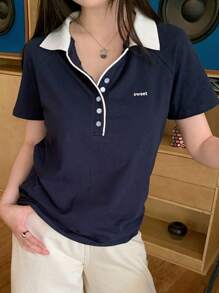 DAZY Women's New Small Collar Colorblock Short Sleeve POLO Shirt - Navy Blue - View 3