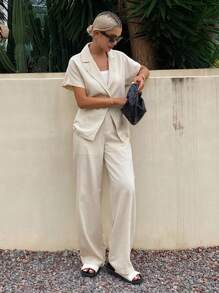 Livesso 2 Stücke Damen ärmelloses Hosenanzug-Set aus Jacke und weiter Hose, Sommer