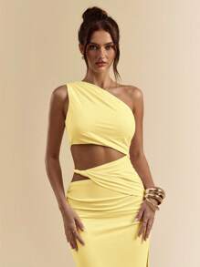 SHEIN BAE White Asymmetrical Ruched Fitted Hollow Out High Split Dress, Beach Holiday White Long Dress, Bohemian Maxi Summer Dress,Fall Wedding Guest Dress
