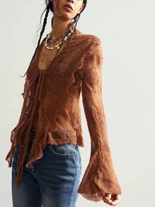 Bohemela 波西米亚风休闲纯色镂空荷叶边系带开衫，西部复古乡村风格，适合夏季/秋季度假 - 棕色 - 查看 1