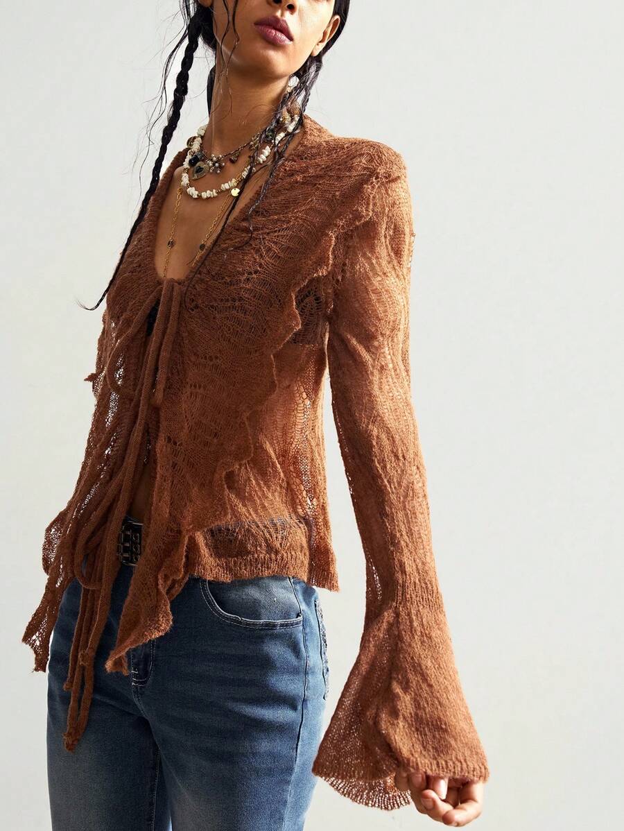 Bohemela 波西米亚风休闲纯色镂空荷叶边系带开衫，西部复古乡村风格，适合夏季/秋季度假 - 棕色 - 查看 1