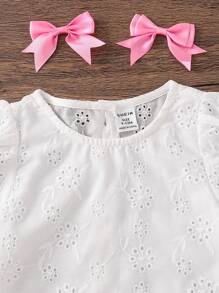 Emery Rose Kids Emery Rose Kids 女婴休闲简约舒适圆领泡泡袖镂空刺绣衬衫，适合日常穿着和返校季节 - 白色 - 查看 6