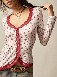 Bohemela 大码女式撞色蕾丝和碎花长袖单排扣时尚衬衫 - 彩色 - 查看 5