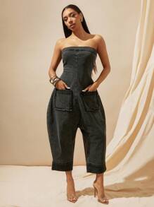 Vixey 无肩带牛仔哈伦连体裤，春季服装，女士夏季服装，复活节服装 - 黑色 - 查看 5