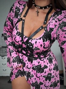 Whyspr 大码女式深色哥特式蝙蝠印花 A 字喇叭袖连衣裙 - 粉色 - 查看 1