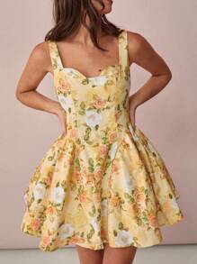 Enchnt Women's Elegant Floral Allover Print Mini Dress For Summer - Yellow - View 2