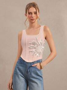 SHEIN Amorya 女士时尚优雅无袖人字纹刺绣衬衫 - 淺粉色 - 查看 4