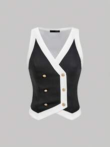 SHEIN MOD Áo khoác không tay màu tương phản dành cho nữ - Đen và trắng - Xem 2