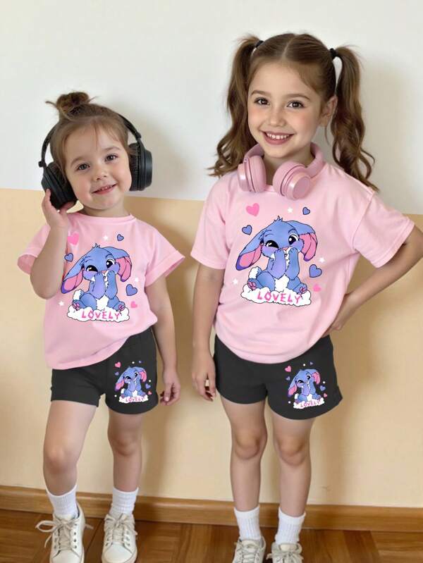 Ensemble 2 pièces décontracté pour jeunes filles : T-shirt à manches courtes imprimé de dessins animés et short