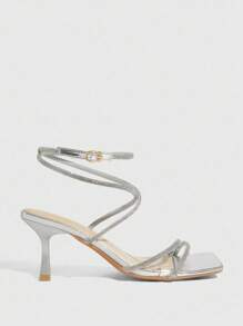 CUCCOO SZL Women's Fashion Silver Rhinestone Strap Wrapped Ankle Strap Square Toe Stiletto Heel Sandals, Suitable For Commuting, Dating, Party, Holiday For Christmas Spring Shoes Prom Heels Summer Shoes - Silver - View 7