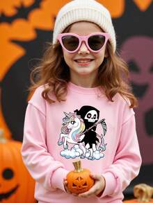 SHEIN 1pc Young Girl'Casual Stylish Cute Pink Pumpkin & Colorful Unicorn Print Plush Sweatshirt, Suitable For Halloween Party, Autumn School Young Girls Clothes Fall - Pink - View 1