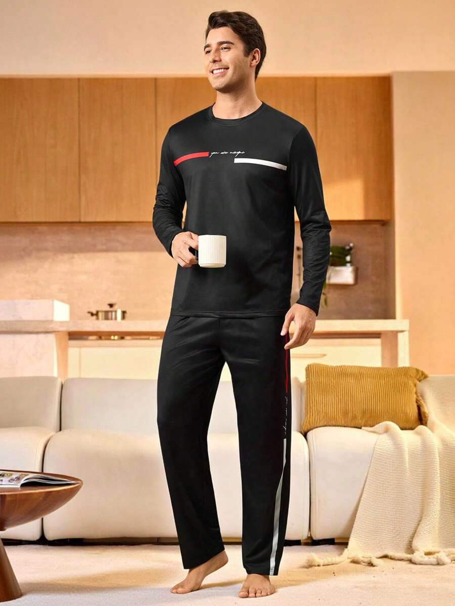 男士字母印花圆领长袖上衣和裤子睡衣套装（2件套），秋冬服装 - 黑色 - 查看 1