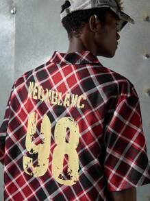 NEON BLANC 男士格子编织短袖字母数字印花衬衫，适合夏季，emo - 紅色 - 查看 5