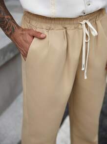 Manfinity Homme 大码男士纯色抽绳腰口袋直筒宽松休闲裤 - 卡其色 - 查看 5