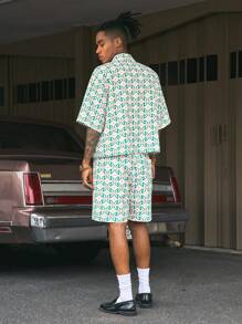 AXEPEAK 2pcs/Set Men's All-Over Print Short Sleeve Single-Breasted Shirt And Shorts Casual Suit