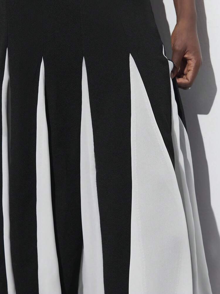 SHEIN Maija Women's Black & White Color Block Long A-Line Casual Versatile Skirt, Autumn/Winter Valentines Day Festival